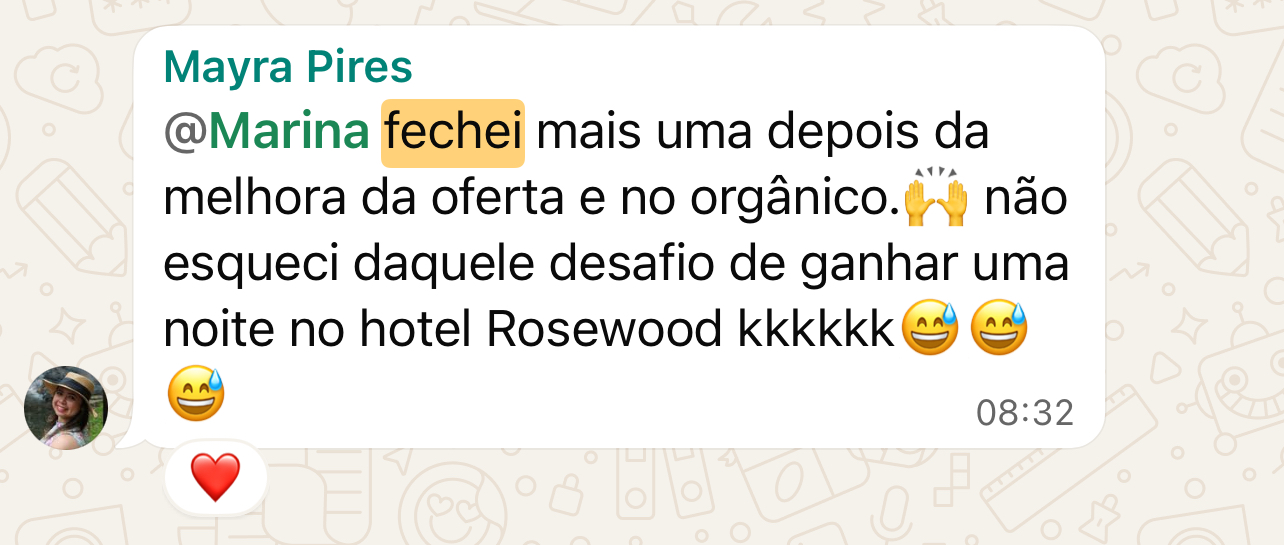 Print de mensagem de cliente com depoimento sobre o trabalho com a Mari Beraldo (depoimento 6 de 7)