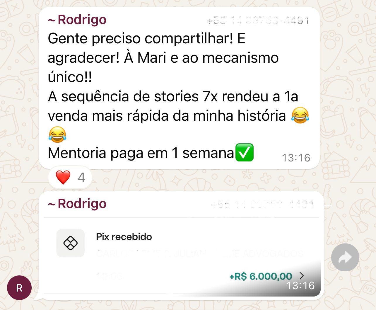 Print de mensagem de cliente com depoimento sobre o trabalho com a Mari Beraldo (depoimento 1 de 7)