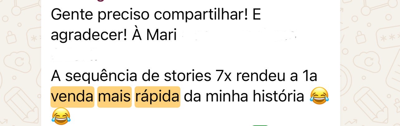 Print de mensagem de cliente com depoimento sobre o trabalho com a Mari Beraldo (depoimento 3 de 7)