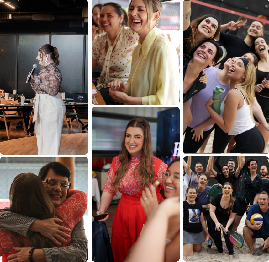 Mari Beraldo, copywriter, com a mão apoiada no rosto, sorrindo de canto e olhando para a câmera em um ambiente claro