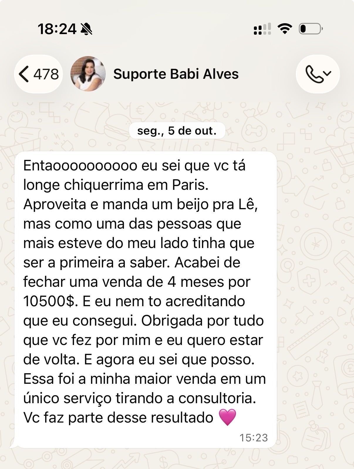 Print de mensagem de cliente com depoimento sobre o trabalho com a Mari Beraldo (depoimento 7 de 7)