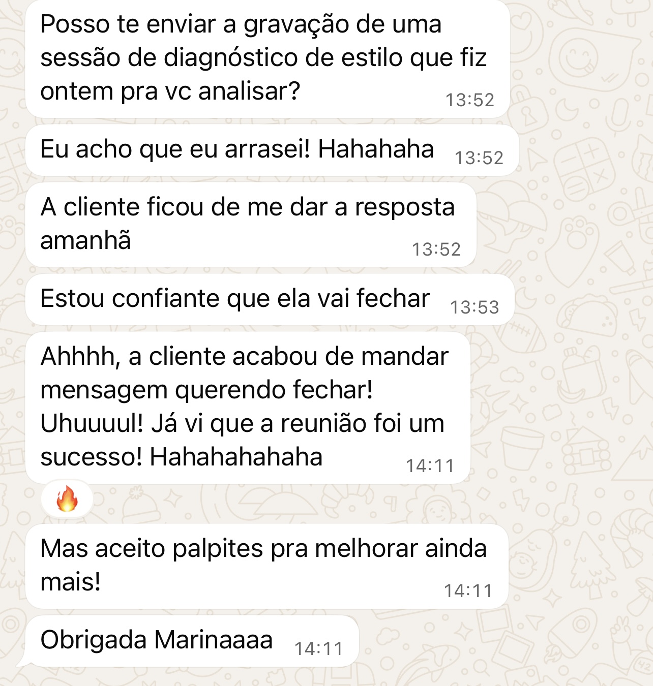 Print de mensagem de cliente com depoimento sobre o trabalho com a Mari Beraldo (depoimento 2 de 7)